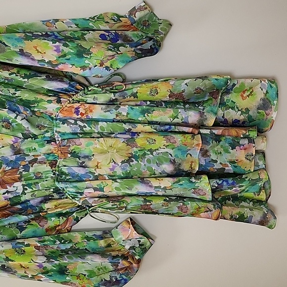 Zara Green Floral Print  V-Neck Puff Sleeve Romantic Dress  Size XS - Picture 9 of 16